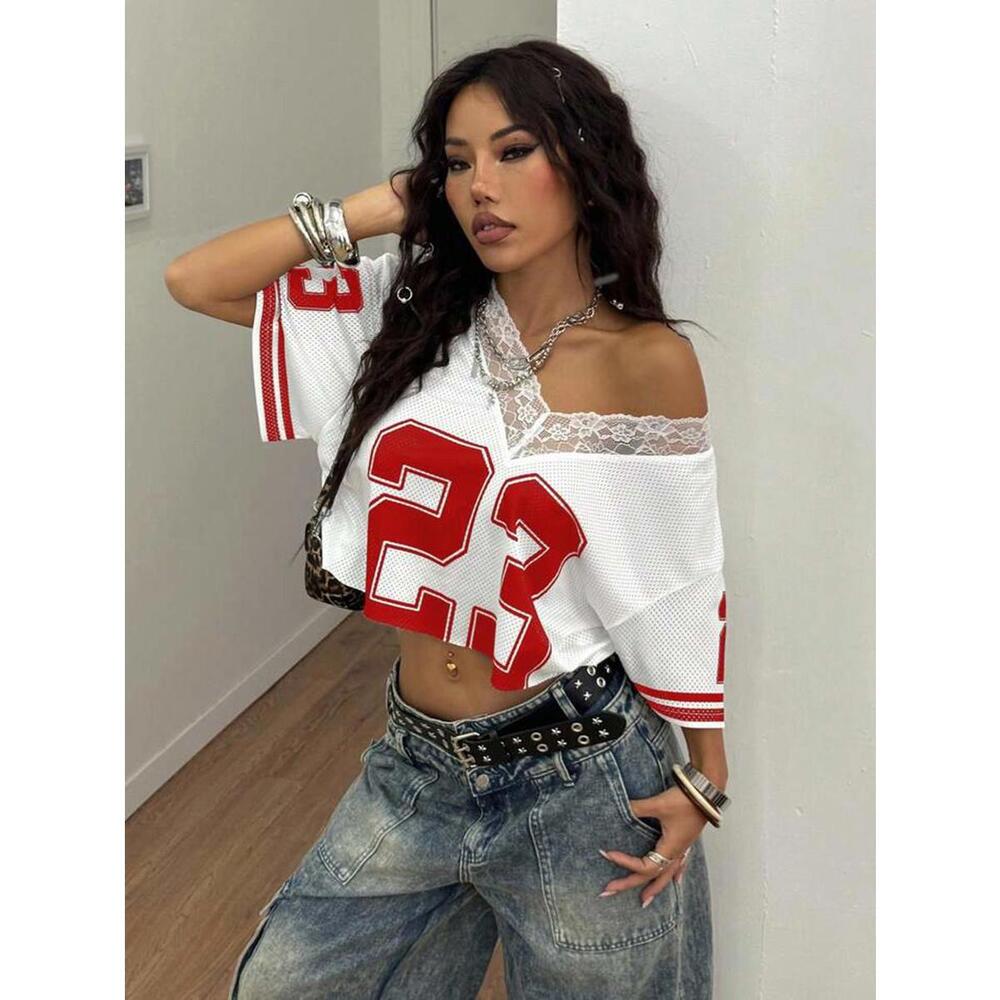White and Red Lace Trim Mesh Crop Top Jersey
